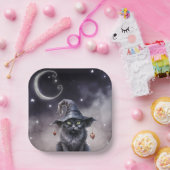 魔女の帽子をかぶった黒いハロウィーン猫 ペーパープレート (パーティー)