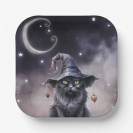 魔女の帽子をかぶった黒いハロウィーン猫 ペーパープレート