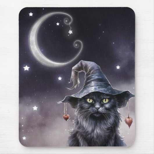 魔女の帽子をかぶった黒いハロウィーン猫 マウスパッド (正面)