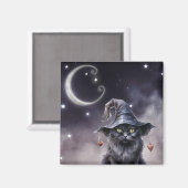 魔女の帽子をかぶった黒いハロウィーン猫 マグネット (正面/裏面)