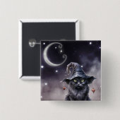 魔女の帽子をかぶった黒いハロウィーン猫 缶バッジ (正面&裏面)