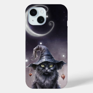 魔女の帽子をかぶった黒いハロウィーン猫 iPhone 15ケース