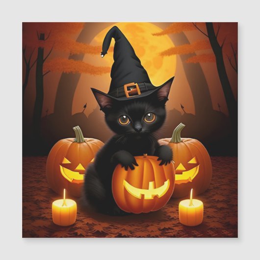 魔女の帽子をかぶった黒い子猫がハロウィンのカボチャに囲まれて (正面)