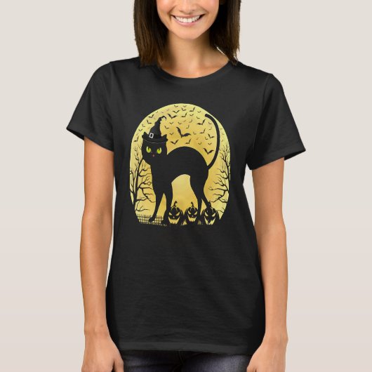 魔女の帽子をかぶった黒猫のハロウィン Tシャツ (正面)