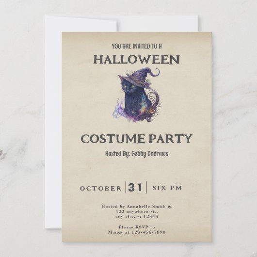 魔女の帽子をかぶった黒猫のヴィンテージハロウィン 招待状 (正面)