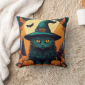 魔女の帽子をかぶった黒猫 クッション (ブランケット)