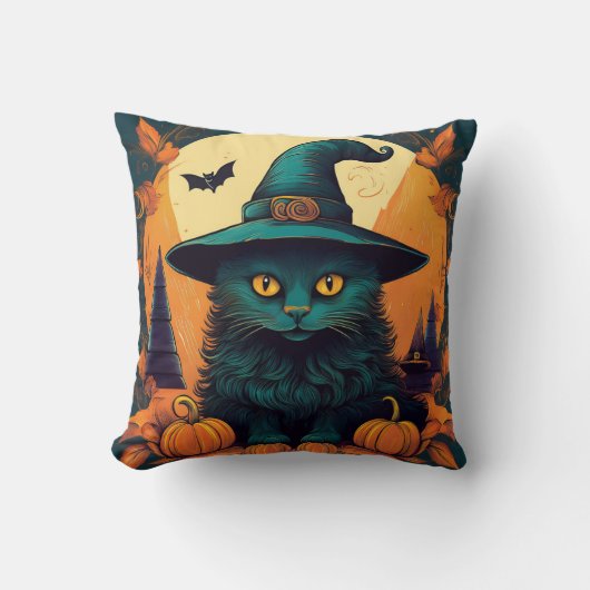 魔女の帽子をかぶった黒猫 クッション (正面)