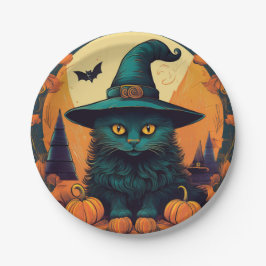 魔女の帽子をかぶった黒猫 ペーパープレート