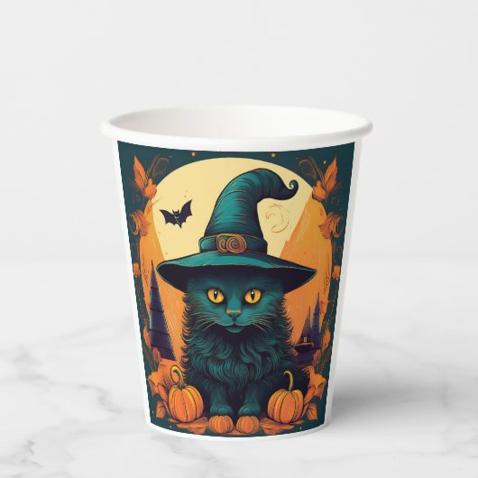魔女の帽子をかぶった黒猫 紙コップ (正面)