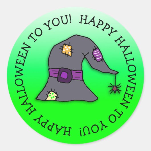 魔女の帽子ハロウィンからぶらさがるクモ ラウンドシール (正面)