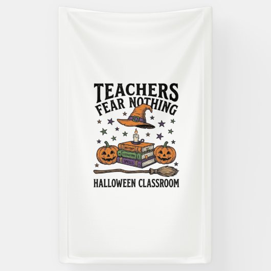 魔女の本がデザインされたハロウィンの先生のTシャツ_1 横断幕 (縦)