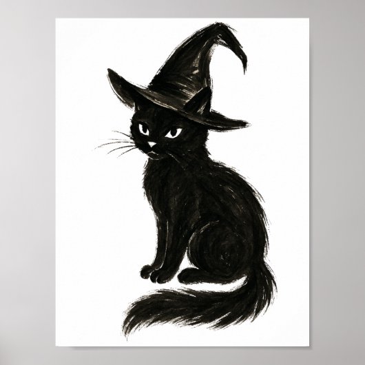 魔女の猫 - ブラックインクのハロウィンイラストを ポスター (正面)