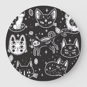 魔女の猫:ヴィンテージ隔離イラストレーション ラージ壁時計