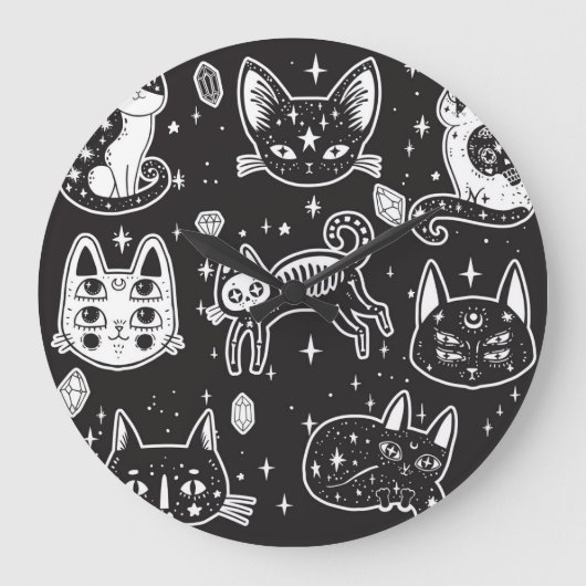 魔女の猫:ヴィンテージ隔離イラストレーション ラージ壁時計 (正面)