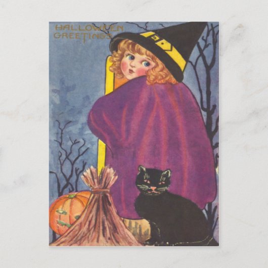 魔女の箒 ジャックオーランタン 黒猫 木々 ポストカード (正面)