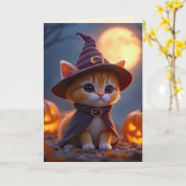 魔女の衣装の可愛い子猫、ハロウィーン カード (黄色い花)
