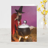魔女の衣装を着た女性が釜をかき回す カード (黄色い花)