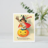 魔女の衣装を着た子供と彫刻されたカボチャ、ヴィンテージ ポストカード (スタンド正面)