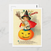 魔女の衣装を着た子供と彫刻されたカボチャ、ヴィンテージ ポストカード (正面/裏面)
