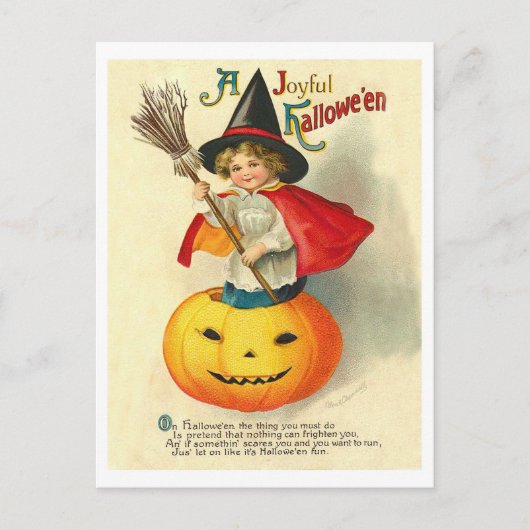 魔女の衣装を着た子供と彫刻されたカボチャ、ヴィンテージ ポストカード (正面)
