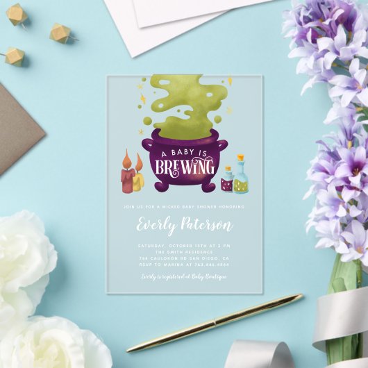 魔女の醸造ハロウィーン赤ちゃんシャワー アクリル招待状 (インサイチュ (ウェディング))