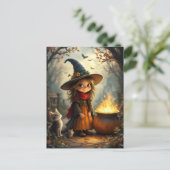 魔女の釜を持つ森のかわいい小さな魔女 ポストカード (スタンド正面)