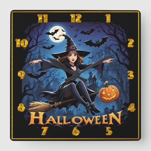 魔女はハロウィン幽霊のよく出るに街を飛び越える スクエア壁時計 (正面)