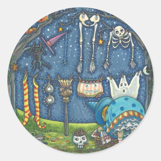 魔女ぶら下がったの黒猫、幽霊、洗濯物 ラウンドシール (正面)