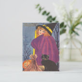 魔女ほうきハロウィーンのカボチャのちょうちん黒猫の木 ポストカード (スタンド正面)