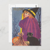 魔女ほうきハロウィーンのカボチャのちょうちん黒猫の木 ポストカード (正面/裏面)