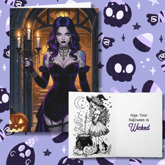 魔女をテーマにしたハロウィーンとカラーリングページの内側 カード