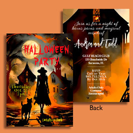 魔女エレガントと猫のシルエットハローウィンパーティ 招待状