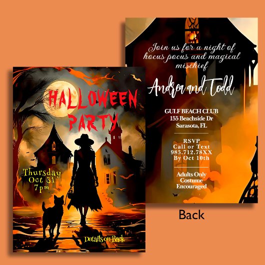 魔女エレガントと猫のシルエットハローウィンパーティ 招待状