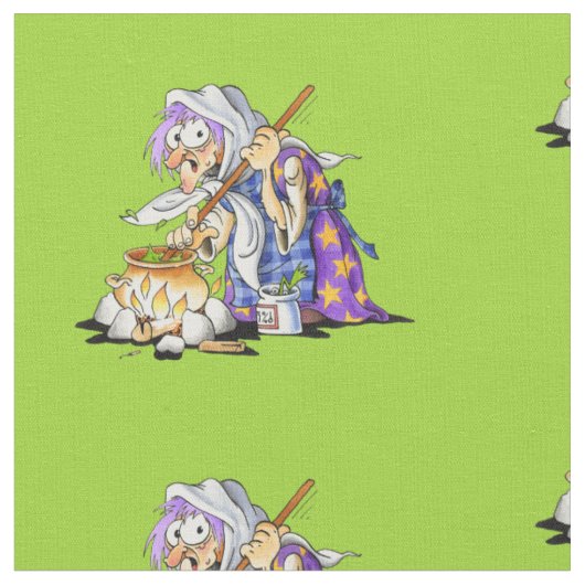 魔女カスタム付きハッピーハローウィン緑地 ファブリック (クローズアップ)