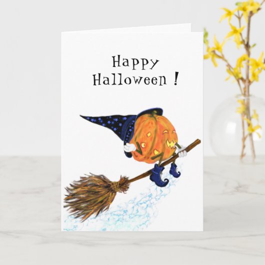 魔女カボチャ飛んでいるのハロウィーンカード カード (黄色い花)
