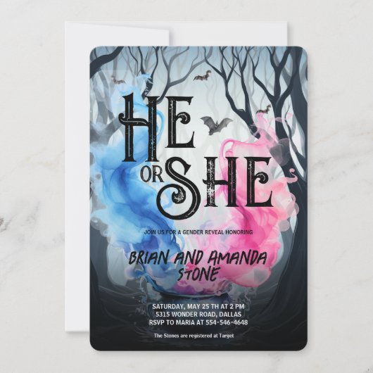 魔女カルドロンピンクブルーハロウィーンジェンダーの明かす 招待状 (正面)