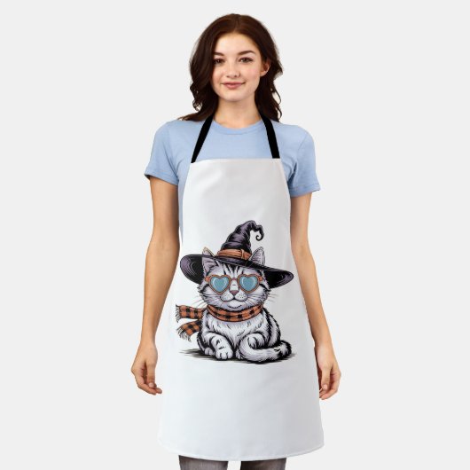 魔女クール猫 – かわいいハロウィーン子猫とハートG エプロン (着用した状態)
