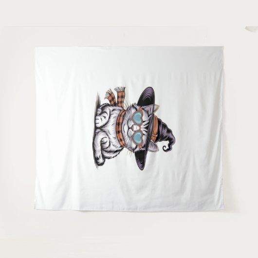 魔女クール猫 – かわいいハロウィーン子猫とハートG タペストリー (正面(横))