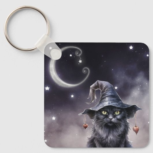 魔女ハットキーチェーンを着た黒いハロウィーン猫 キーホルダー (正面)