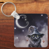 魔女ハットキーチェーンを着た黒いハロウィーン猫 キーホルダー (正面)