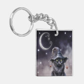 魔女ハットキーチェーンを着た黒いハロウィーン猫 キーホルダー (正面左)