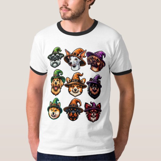 魔女ハットシャツを着たハロウィーン犬 Tシャツ (正面)