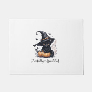 魔女ハットハロウィンで魅惑の黒猫 ドアマット