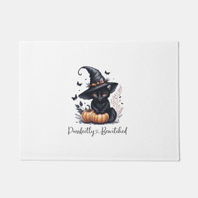 魔女ハットハロウィンで魅惑の黒猫 ドアマット (正面)