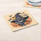 魔女ハットハロウィンの黒猫 スクエアペーパーコースター (アングル)