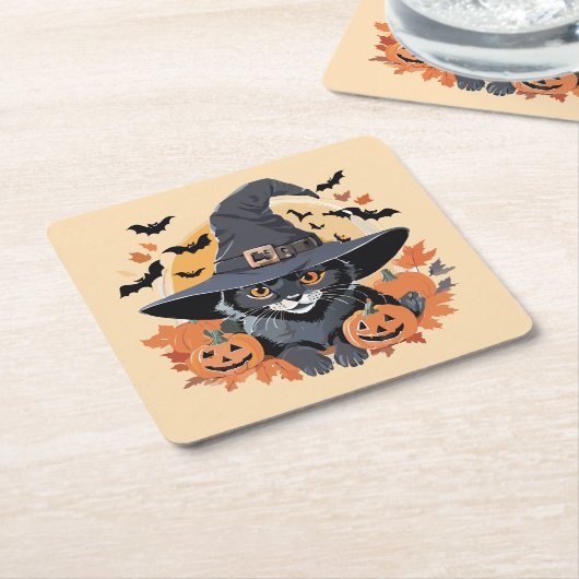 魔女ハットハロウィンの黒猫 スクエアペーパーコースター (アングル)