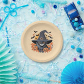 魔女ハットハロウィンの黒猫 ペーパープレート (パーティー)