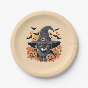魔女ハットハロウィンの黒猫 ペーパープレート