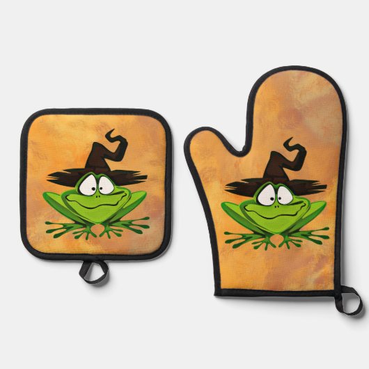 魔女ハットハロウィン付きカエル 鍋つかみ&鍋敷きセット (正面)
