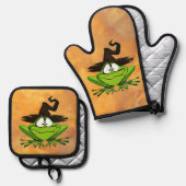 魔女ハットハロウィン付きカエル 鍋つかみ&鍋敷きセット (正面/裏面)